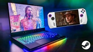 Baldur's Gate 3 on a gaming laptop and Indiana Jones and the Great Circle displayed on ROG Ally.